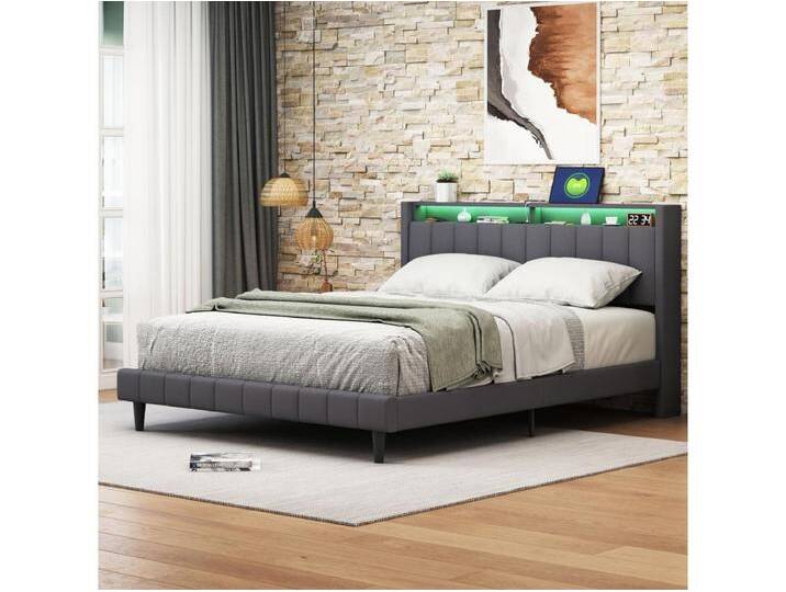 Polsterbett Doppelbett 160x200cm, Bettgestell mit LED und USB-Steckdose, Lattenrost, Grau von Kauf-Unique Marketplace