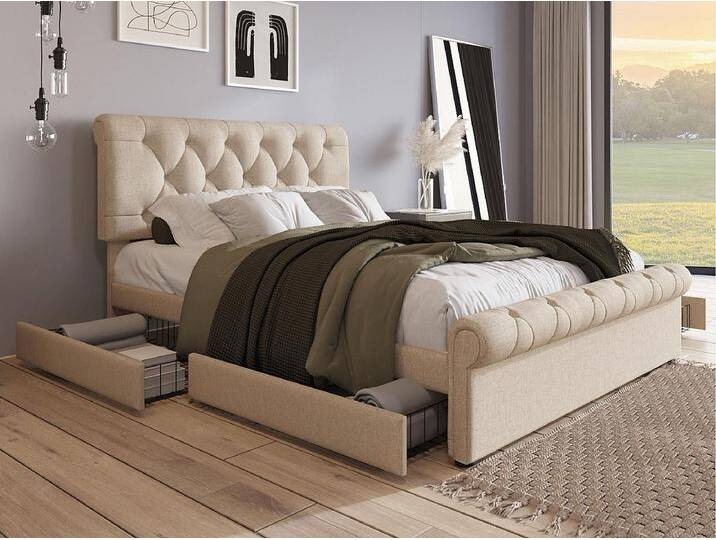 Polsterbett aus Leinenstoff – 140 x 200 cm – mit 2 Schubladen – verstellbares Kopfteil – Hell natürlich Polsterbett aus Leinenstoff – 140 x 200 cm – mit 2 Schubladen – verstellbares Kopfteil – Hell natürlich von Kauf-Unique Marketplace