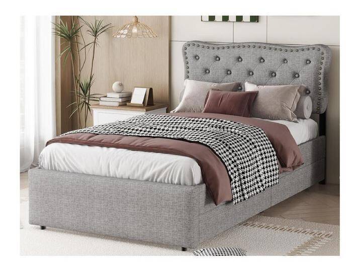 Polsterbett aus Leinenstoff mit 2 Schubladen – 90 x 200 cm – Kopfteil mit Nieten verziert – Grau von Kauf-Unique Marketplace