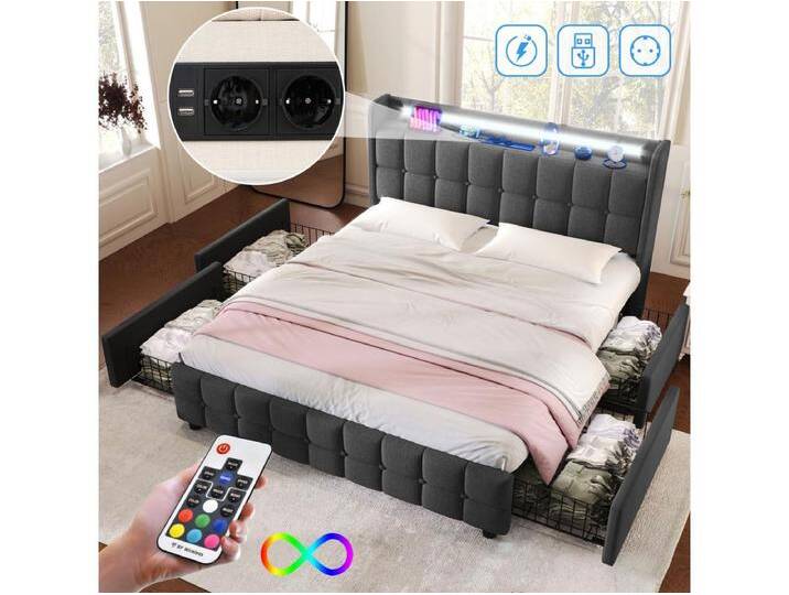 Polsterbett für Erwachsene 140 x 200 cm mit 4 Schubladen – USB + LEDs – Leinenstoff – Grau Polsterbett für Erwachsene 140 x 200 cm mit 4 Schubladen – USB + LEDs – Leinenstoff – Grau von Kauf-Unique Marketplace