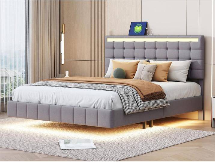 Polsterbett mit Kopfteil – 140 x 200 cm – schwebendes Bettgestell – LEDs – Leinenstoff – Grau Polsterbett mit Kopfteil – 140 x 200 cm – schwebendes Bettgestell – LEDs – Leinenstoff – Grau von Kauf-Unique Marketplace