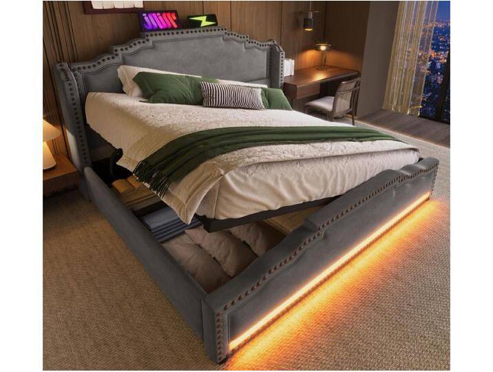 Polsterbett mit Stauraum 140 x 200 cm - Mit USB-Ladefunktion und LED-Beleuchtung an den Bettfüßen - Grau von Kauf-Unique Marketplace