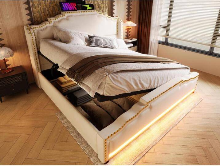 Polsterbett mit Stauraum 160 x 200 cm - Mit USB-Ladefunktion und LED-Beleuchtung an den Bettfüßen - Beige Polsterbett mit Stauraum 160 x 200 cm - Mit USB-Ladefunktion und LED-Beleuchtung an den Bettfüßen - Beige von Kauf-Unique Marketplace