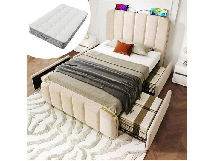 Polsterbett mit Stauraum - 90 x 200 cm - gepolstertes Kopfteil mit USB Typ-C - mit 4 Schubladen - Leinen - Beige - (mit Matratze) von Kauf-Unique Marketplace