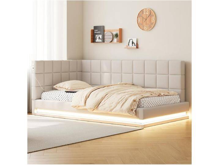 Polsterschlafsofa - 90 x 200 cm - mit LEDs + USB + Lattenrost - Samt - beige von Kauf-Unique Marketplace