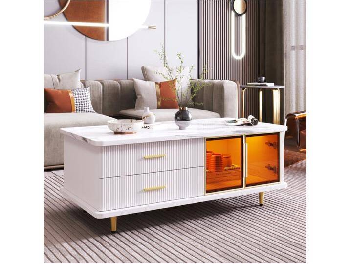 Rechteckiger Couchtisch 100x50x40cm, Tür aus gehärtetem Glas, Schubladen mit gewellter Struktur, goldene Griffe und Beine, Platte mit Marmorstruktur, Weiß + Gold Rechteckiger Couchtisch 100x50x40cm, Tür aus gehärtetem Glas, Schubladen mit gewellter Struktur, goldene Griffe und Beine, Platte mit Marmorstruktur, Weiß + Gold von Kauf-Unique Marketplace