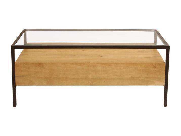 Rechteckiger Couchtisch mit Stauraum aus massivem Mangoholz, Glas und schwarzem Metall B100 cm SITA von Kauf-Unique Marketplace