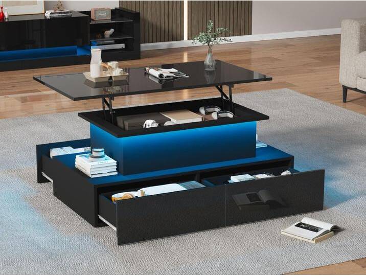 Revelable Couchtisch mit LED – 4 Schubladen – Schwarz von Kauf-Unique Marketplace
