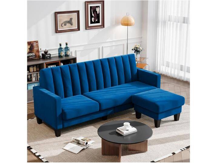 Reversible 3/4 -Setzer -Ecksofa in blauem Stoff - Meridian oder Pouf - vertikale Streifen - 208x76x85 cm von Kauf-Unique Marketplace