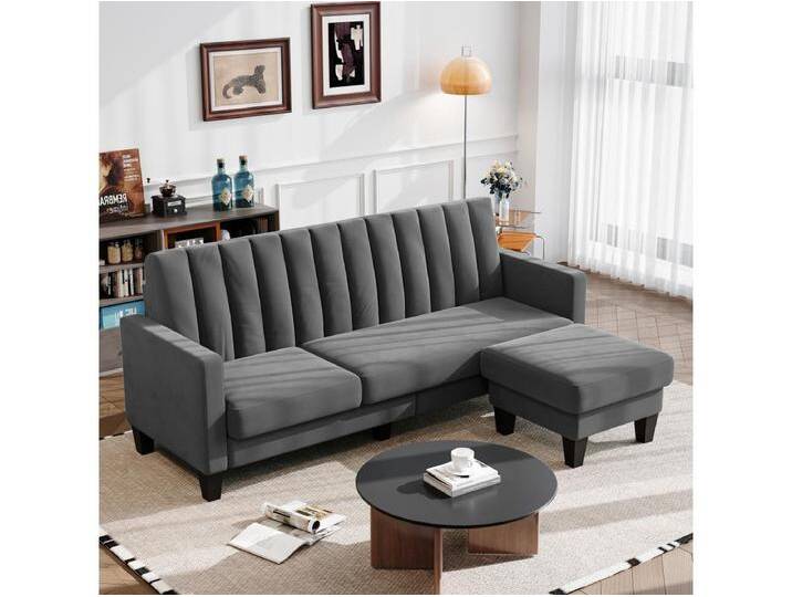 Reversible 3/4 -Setzer -Ecksofa in grauem Stoff - Meridian oder Pouf - Vertikale Streifen - 208x76x85 cm von Kauf-Unique Marketplace