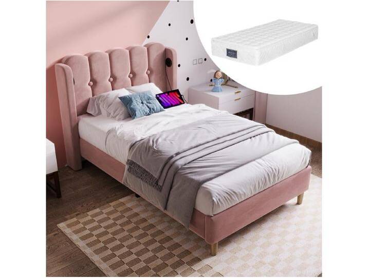 Rosa Polsterbett Samt Einzelbett 90 x 200 cm, mit USB-Ladefunktion C-Bettgestell, mit flachem Nudelfuß (mit Matratze) von Kauf-Unique Marketplace