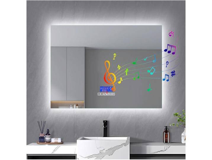 Runder beleuchteter Badezimmerspiegel 80x100 cm, mit Bluetooth-Lautsprecher, mit Temperaturanzeige und Antibeschlagfunktion, mit LED-Beleuchtung, Sechs-Tasten-Einstellung, mit Touch-Schalter von Kauf-Unique Marketplace