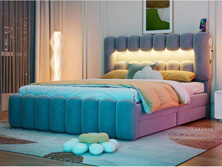 Samtgepolstertes Bett – 160 x 200 cm – 4 Schubladen + LED + Ladeanschlüsse + Lesegerät – Grau Samtgepolstertes Bett – 160 x 200 cm – 4 Schubladen + LED + Ladeanschlüsse + Lesegerät – Grau von Kauf-Unique Marketplace