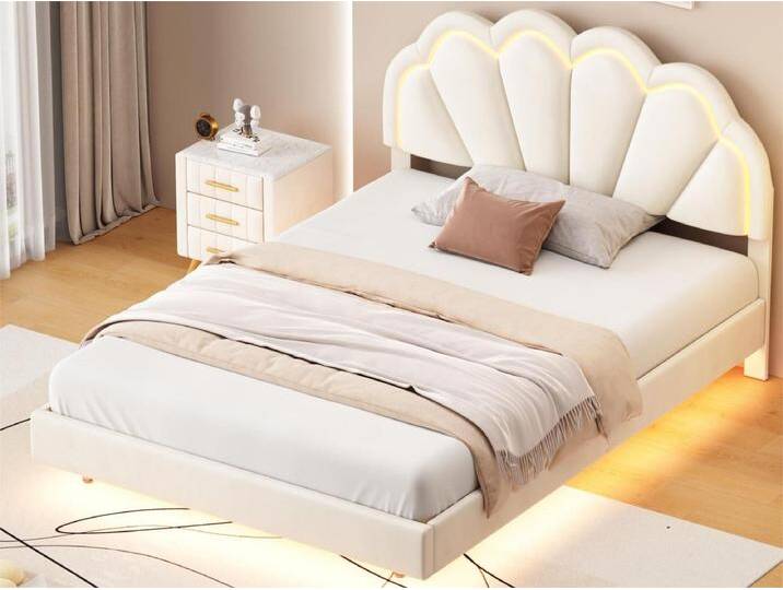 Samtgepolstertes Bett mit LED – 140 x 200 cm – Beige von Kauf-Unique Marketplace