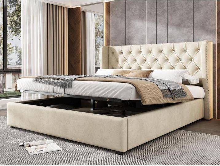Samtgepolstertes Stauraumbett 180 x 200 cm mit Lattenrost – Beige von Kauf-Unique Marketplace