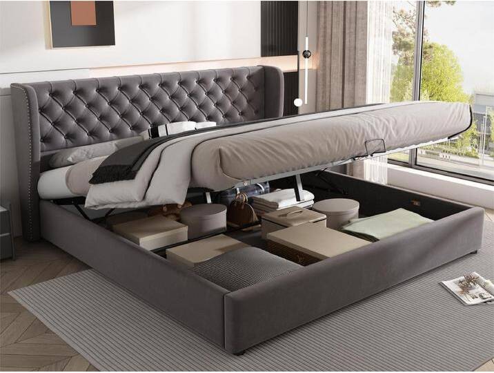 Samtgepolstertes Stauraumbett 180 x 200 cm mit Lattenrost – Grau von Kauf-Unique Marketplace
