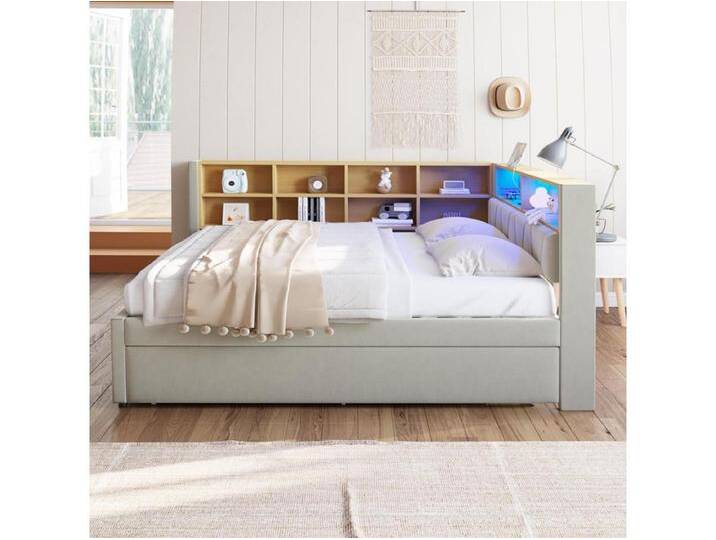 Schlafsofa 140*200, Ausziehbett 90*190 mit LED-Beleuchtung, Steckdosen und mehreren Staufächern, Flanell, hellgrau. von Kauf-Unique Marketplace