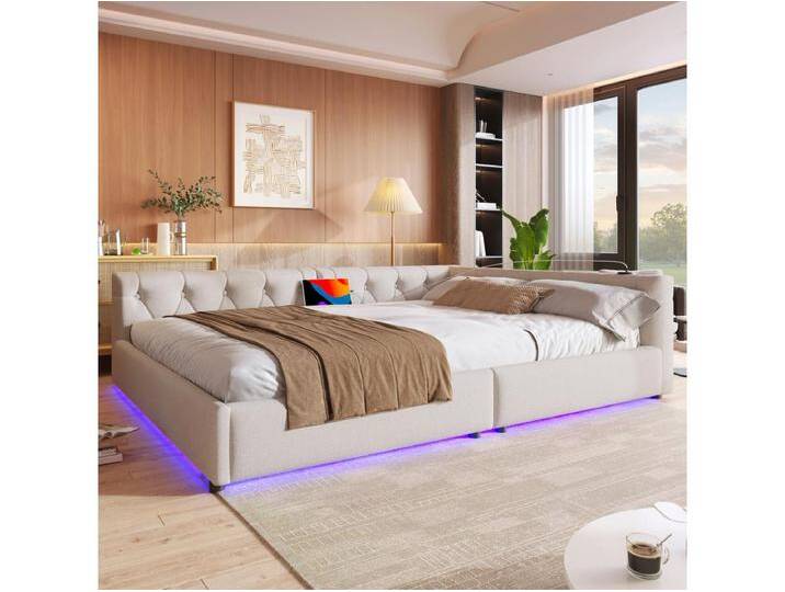 Schlafsofa 140 x 200 cm, beigefarbenes Leinen, Erwachsenenbett mit LED und USB-Anschluss, Lattenrost – ohne Matratze von Kauf-Unique Marketplace