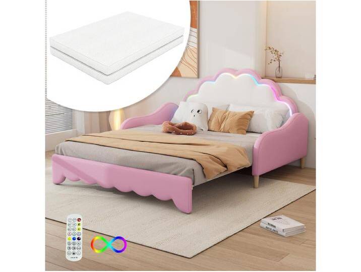 Schlafsofa - 140 x 200 cm - Kopfteil mit LEDs - mit Matratze - PU + MDF - Rosa von Kauf-Unique Marketplace