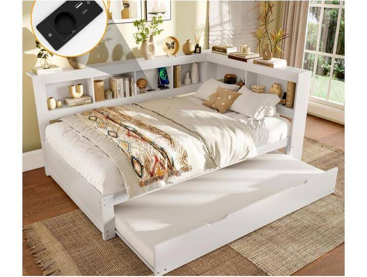 Schlafsofa 140x200 cm - Mit Ausziehbett - mit Steckdose + 2 USB-Anschlüssen - mit Lattenrost - weiß (Matratze nicht im Lieferumfang enthalten) von Kauf-Unique Marketplace