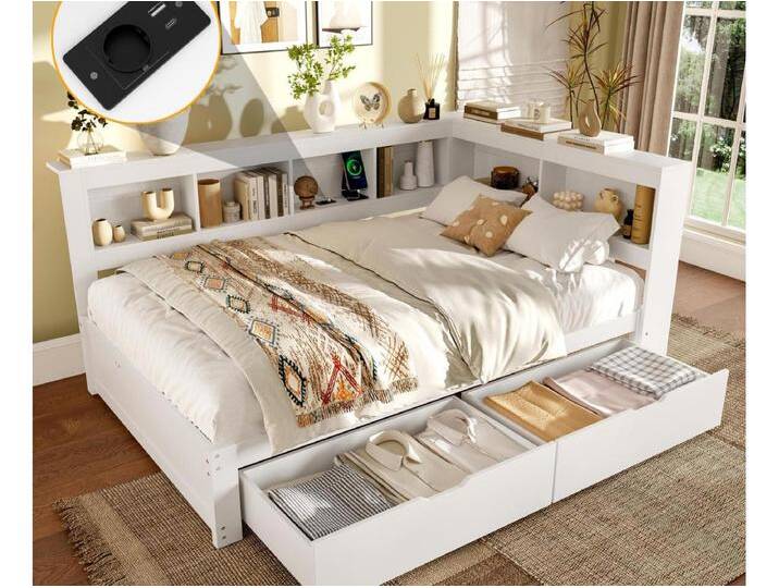 Schlafsofa 140x200 cm - mit 2 Schubladen - mit Steckdose + 2 USB-Anschlüssen - mit Lattenrost - weiß (Matratze nicht im Lieferumfang enthalten) von Kauf-Unique Marketplace