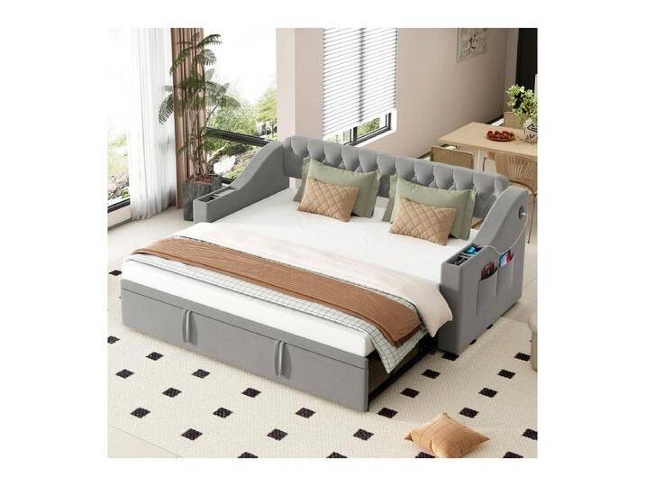 Schlafsofa 90/180x190cm - Ausziehbett - mit USB/Typ C + Seitentaschen + integriertem Regal - Samt - Grau Schlafsofa 90/180x190cm - Ausziehbett - mit USB/Typ C + Seitentaschen + integriertem Regal - Samt - Grau von Kauf-Unique Marketplace