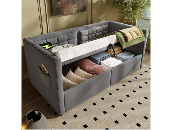 Schlafsofa 90 x 190 cm, grauer Samt, Bettkasten mit USB-/Typ-C-Anschluss, Holzlattenrost – ohne Matratze von Kauf-Unique Marketplace