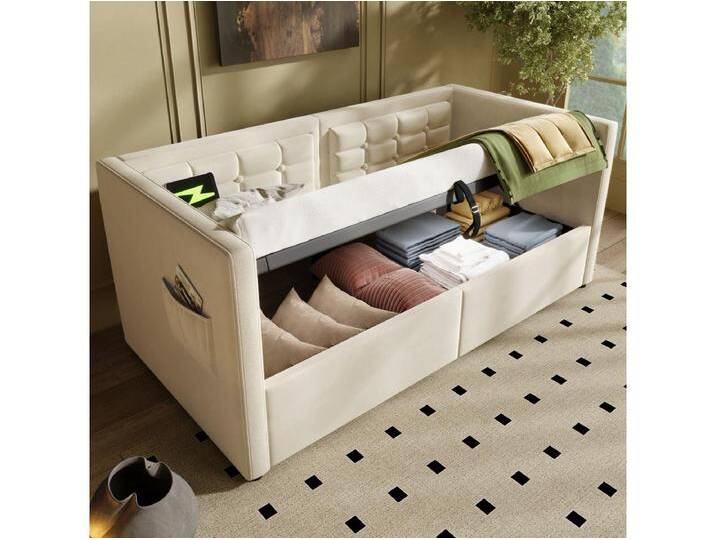 Schlafsofa 90 x 200 cm, beigefarbener Samt, Bettkasten mit USB-/Typ-C-Anschluss, Holzlattenrost – ohne Matratze von Kauf-Unique Marketplace