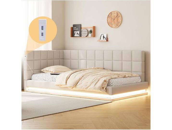 Schlafsofa 90 x 200 cm, beiger Samt, Kinderbett mit LED-Beleuchtung und USB-Anschluss, Lattenrost – ohne Matratze von Kauf-Unique Marketplace