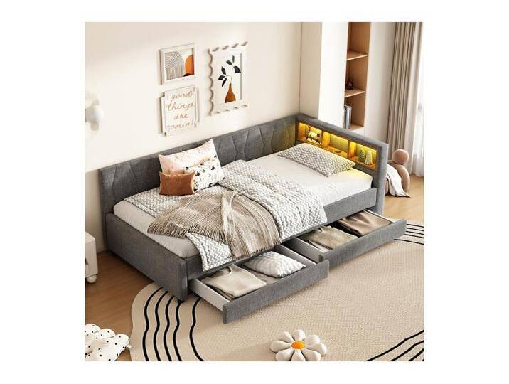 Schlafsofa 90 x 200 cm aus grauem Leinen, Sitzbank-Bett mit Stauraum, 2 Schubladen, LED und USB + Typ C Schlafsofa 90 x 200 cm aus grauem Leinen, Sitzbank-Bett mit Stauraum, 2 Schubladen, LED und USB + Typ C von Kauf-Unique Marketplace