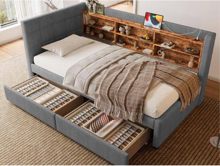 Schlafsofa 90×200 cm - mit 2 Schubladen - USB + Type-C Anschluss - mit Staufach - Leinen - grau (Matratze nicht inbegriffen) von Kauf-Unique Marketplace