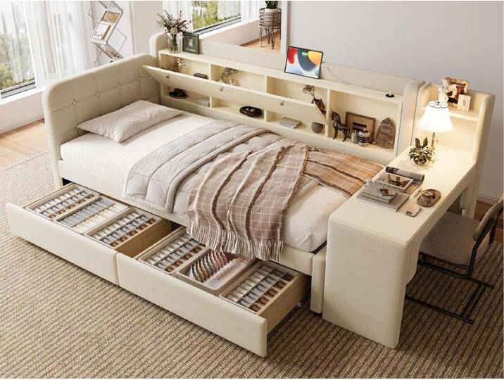 Schlafsofa 90×200 cm - mit 2 Schubladen - mit Schreibtisch - mit USB + Type-C Anschlüssen - Staufach - beige (Matratze nicht inbegriffen von Kauf-Unique Marketplace