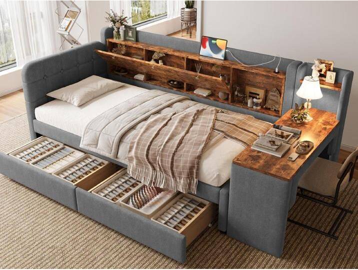 Schlafsofa 90×200 cm - mit 2 Schubladen - mit Schreibtisch - mit USB + Type-C Anschlüssen - Staufach - grau (Matratze nicht inbegriffen) von Kauf-Unique Marketplace