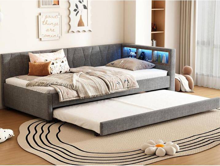 Schlafsofa 90x200 cm - mit Ausziehbett - mit USB- + Type-C-Anschlüssen - mit LED-Beleuchtung - grau (Matratze nicht enthalten) von Kauf-Unique Marketplace