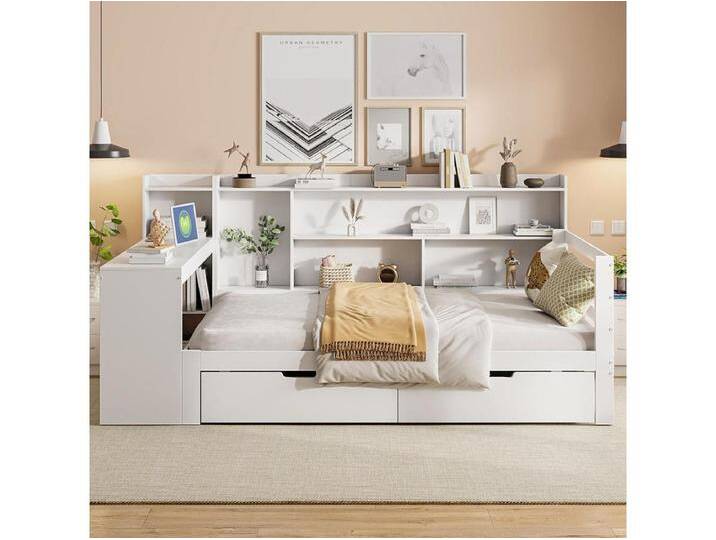 Schlafsofa aus Massivholz 90*200 cm, mit Schreibtisch, Bücherregal und Regalen, Steckdose, mit 2 großen Staufächern,Weiß Schlafsofa aus Massivholz 90*200 cm, mit Schreibtisch, Bücherregal und Regalen, Steckdose, mit 2 großen Staufächern,Weiß von Kauf-Unique Marketplace