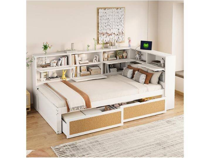 Schlafsofa mit Ablagefach - 90 x 200 cm - mit 2 Schubladen - Kiefer + Sperrholz + MDF - Weiß von Kauf-Unique Marketplace