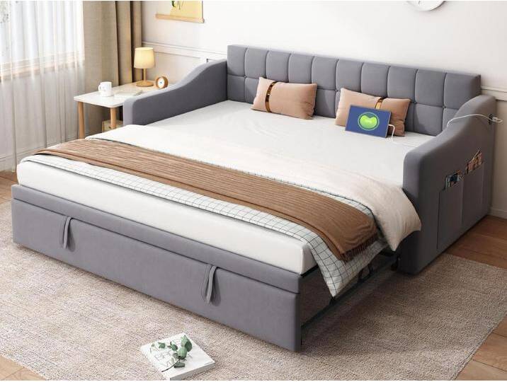 Schlafsofa mit Polsterung 90/180×190 cm - Samt - mit Steckdose - mit Staufach - grau (Matratze nicht inbegriffen) von Kauf-Unique Marketplace