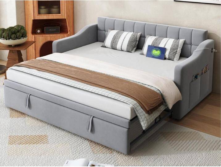 Schlafsofa mit Polsterung 90/180×190 cm - Samt - mit Steckdose - mit Staufach - hellgrau (Matratze nicht inbegriffen) von Kauf-Unique Marketplace
