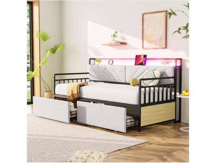 Schlafsofa mit Stauraum - 90 x 200 cm - mit LEDs + Regale + 2 Schubladen + Steckdosen - Holz + Metall - Beige von Kauf-Unique Marketplace