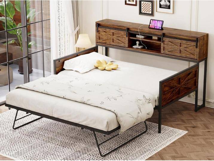 Schmiedeeisernes Sofabett 90×200 cm - mit Nestbett - mit Staufach + Mehrfachsteckdose - schwarz/braun von Kauf-Unique Marketplace