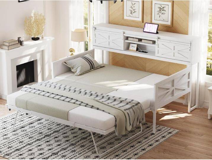 Schmiedeeisernes Sofabett 90×200 cm - mit Nestbett - mit Staufach + Mehrfachsteckdose - weiß von Kauf-Unique Marketplace