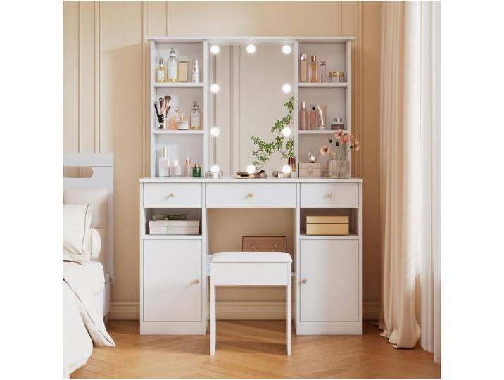Schminktisch-Set – 110 x 40 x 151 cm – Schminktisch mit LED-Beleuchtung + Spiegel + Hocker + 3 Schubladen + 2 Türen – Spanplatte – weiß Schminktisch-Set – 110 x 40 x 151 cm – Schminktisch mit LED-Beleuchtung + Spiegel + Hocker + 3 Schubladen + 2 Türen – Spanplatte – weiß von Kauf-Unique Marketplace