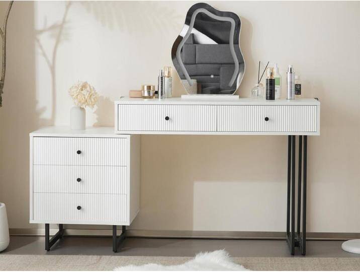 Schminktisch mit LED-Spiegel – 2 Schubladen und ein abnehmbarer Schrank – Weiß (Hocker nicht im Lieferumfang enthalten) von Kauf-Unique Marketplace