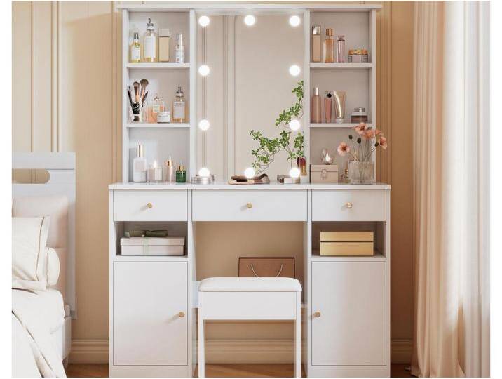 Schminktisch mit Spiegel - mit Hocker - mit dimmbarer LED-Beleuchtung - 2 Türen & 3 Schubladen - weiß von Kauf-Unique Marketplace