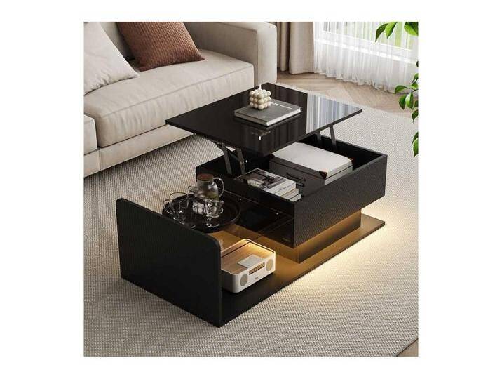 Schwarz glänzender Couchtisch – Couchtisch mit LED-Beleuchtung und Glasplatte – verstellbare Platte von Kauf-Unique Marketplace