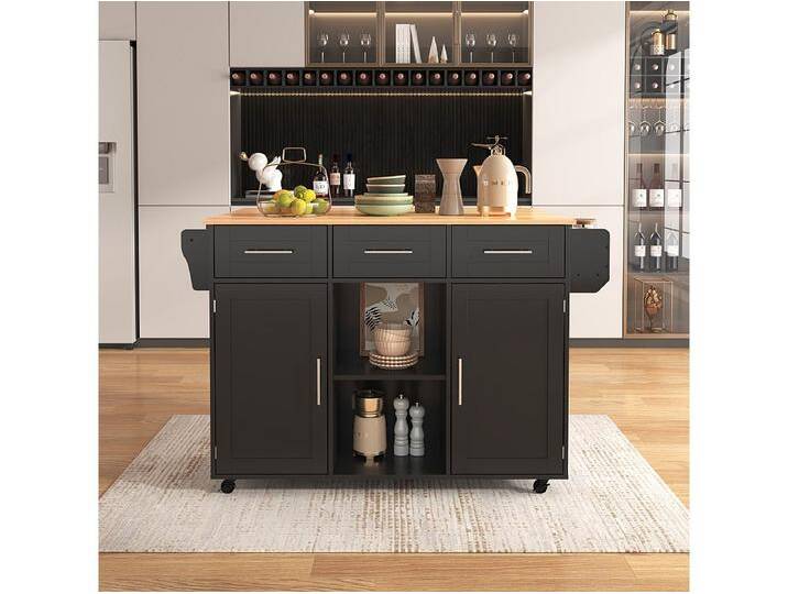Schwarzer Servierwagen mit Holzplatte, 3 Schubladen und 2 Türen – für Esszimmer und Küche von Kauf-Unique Marketplace