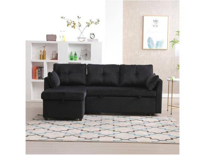 Schwarzes, kuscheliges Ecksofa mit Stauraum und ausziehbarer Chaiselongue – für Wohnzimmer oder Arbeitszimmer von Kauf-Unique Marketplace