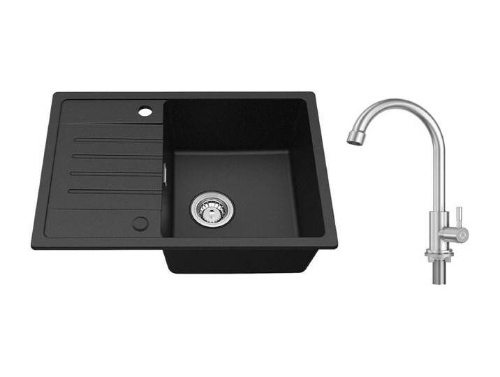 Schwarzes Einzelbecken-Unterbauspülbecken mit Abtropffläche, Quarz und Harz, 65x45cm + Kaltwasser-Küchenarmatur, gebürstet Schwarzes Einzelbecken-Unterbauspülbecken mit Abtropffläche, Quarz und Harz, 65x45cm + Kaltwasser-Küchenarmatur, gebürstet von Kauf-Unique Marketplace