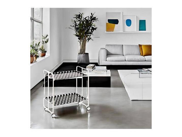 Servierwagen, klappbar, 2 Böden, weißer Rahmen - 2 Ablagen mit weißen Kreisen und schwarzer Rückwand laminiert - 72*66*43 cm - BAUHAUS Servierwagen, klappbar, 2 Böden, weißer Rahmen - 2 Ablagen mit weißen Kreisen und schwarzer Rückwand laminiert - 72*66*43 cm - BAUHAUS von Kauf-Unique Marketplace