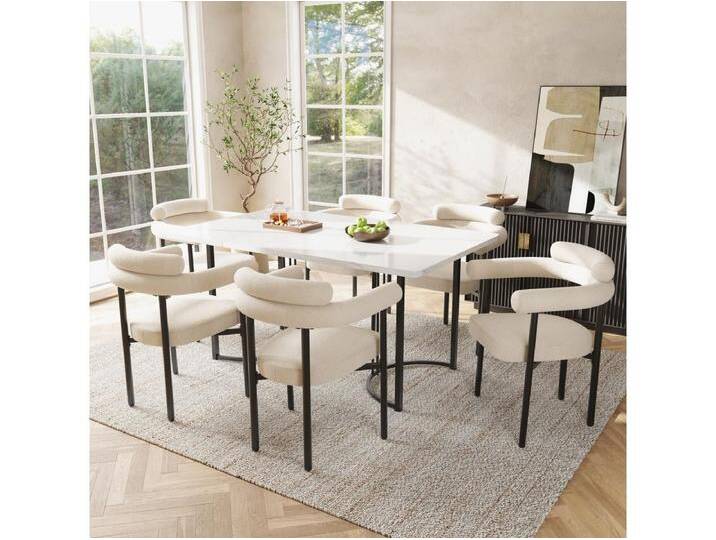 Set aus 6 Samt-Esszimmerstühlen – Metallbeine – mit Armlehnen – Beige Set aus 6 Samt-Esszimmerstühlen – Metallbeine – mit Armlehnen – Beige von Kauf-Unique Marketplace